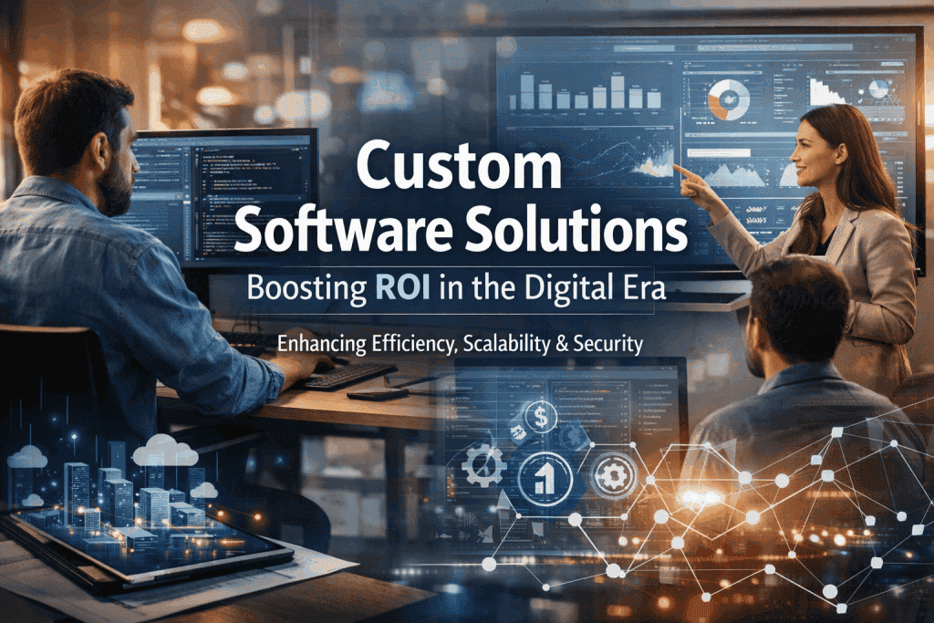 A strategic digital transformation roadmap showing the integration of cloud computing, data analytics, and custom software into a unified business ecosystem.