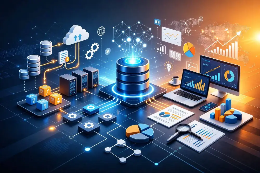 Senior data engineers and business intelligence analysts examining real-time enterprise dashboards, predictive analytics models, and multi-source data visualization grids on high-definition screens.