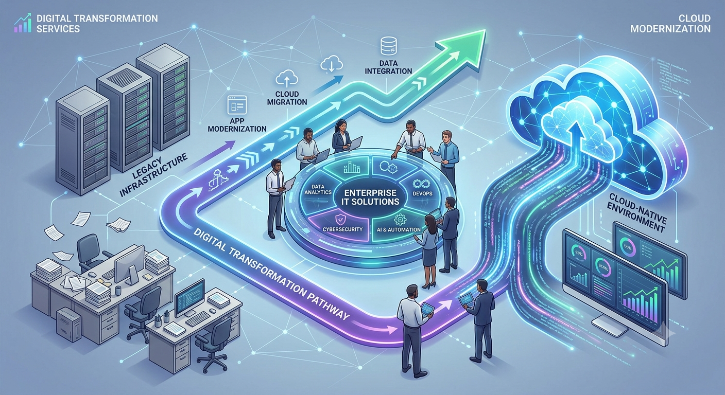 Senior technology consultants and enterprise architects at Besttech collaborating on a multi-cloud digital transformation roadmap, infrastructure modernization schemas, and automated workflow diagrams on large interactive displays.