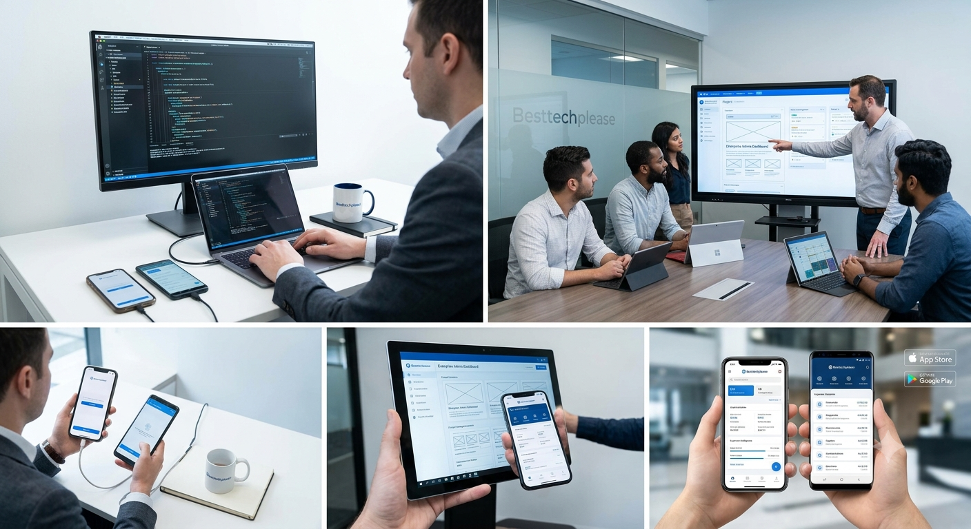 Senior mobile software architects and UI/UX designers at Besttech testing high-performance cross-platform mobile applications on various iOS and Android flagship devices.